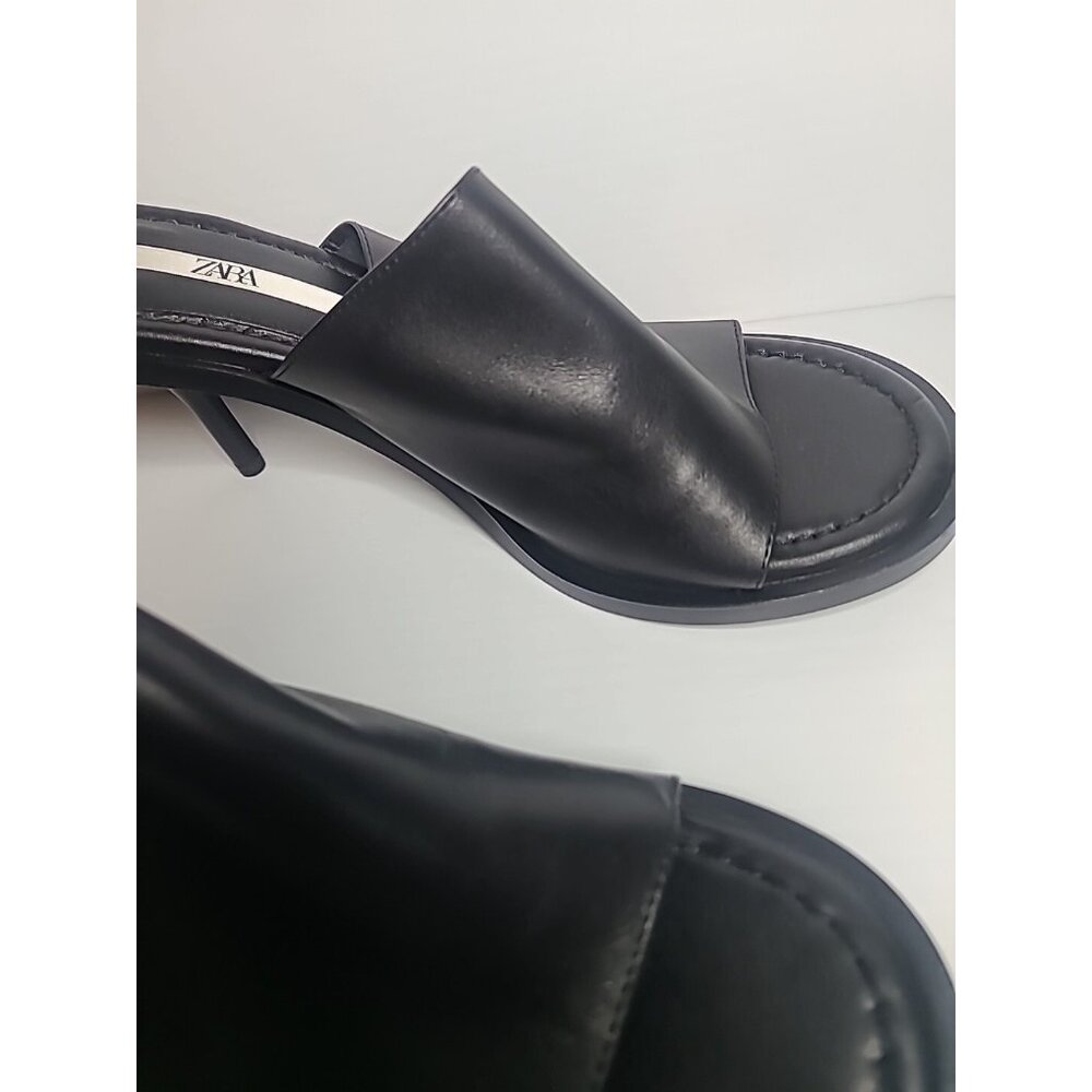 Zara Women's Black Leater Peep Toe Slip On Heel Sandals SZ 41/ US 10 - Picture 4 of 6